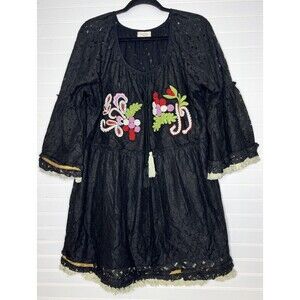 Velzera Tunic Short Black Dress Boho  LONG Shirt Embroidered BELL Sleeves SZ 1XL
